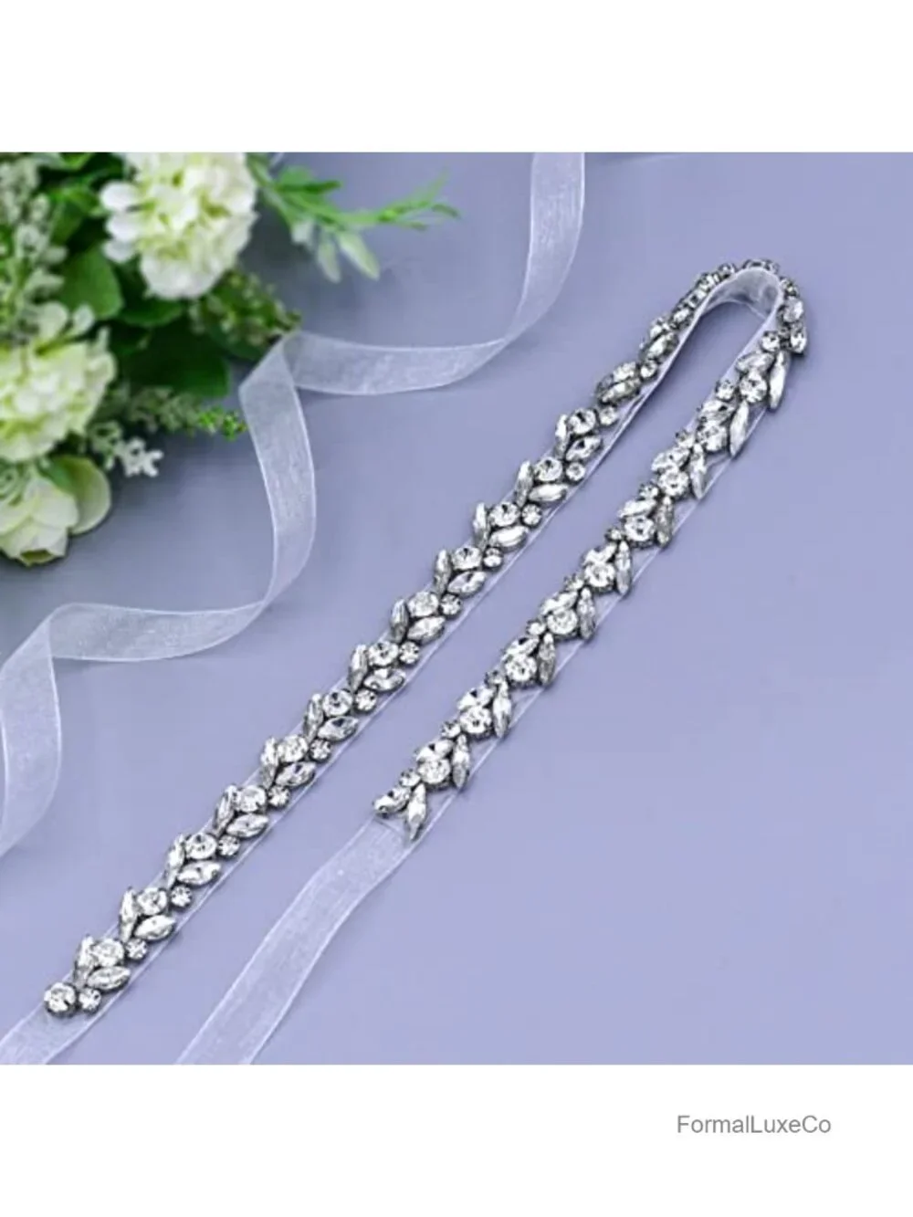 Rhinestone Bridal Belt with Organza Ribbon - Handmade Wedding Sash